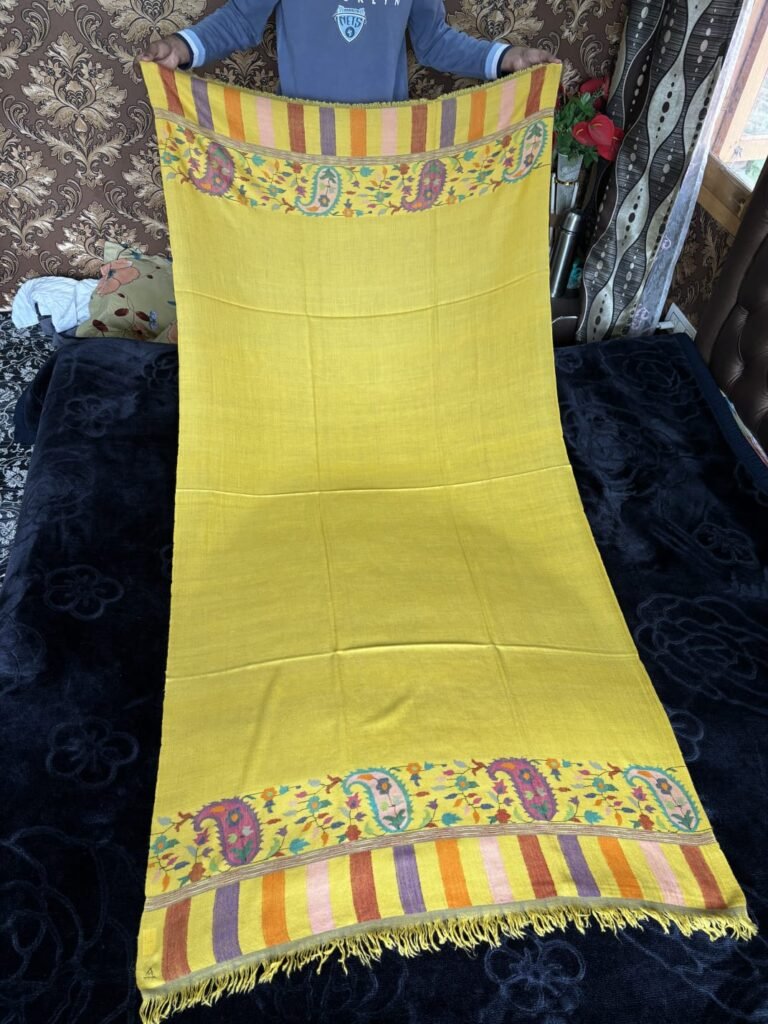 GI Tag Certified Pure Kashmiri Pashmina Kani Palla Shawl in Mustard Yellow